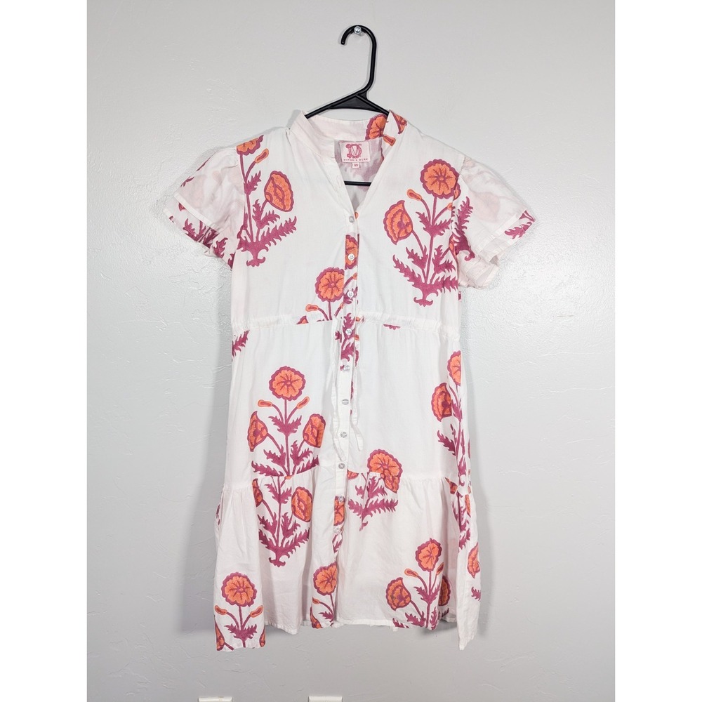 Victoria Dunn Dress Womens‎ XS White Floral Drawstring Waist Boho Beachy Coastal